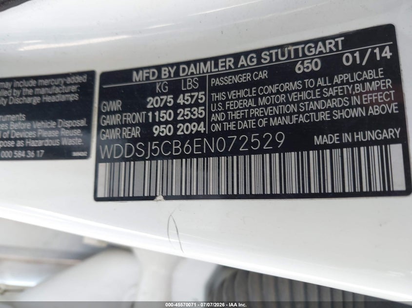 2014 Mercedes-benz Cla-klasse amg VIN WDDSJ5CB6EN072529 IAAI salvage auction — RIGHT REAR, Clear - Dealer Only (California), sold $9,000 on 2026-07-25 (photo 9)