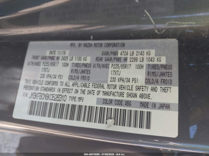 2019 Mazda Cx-5 VIN JM3KFBCM8K0526310 IAAI salvage auction — NORMAL WEAR, Salvage Title, sold $5,650 on 2026-07-17 (photo 9)