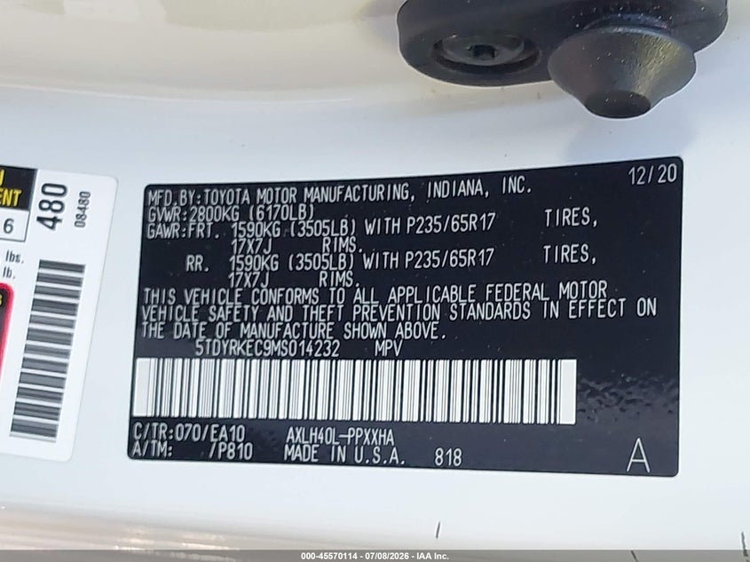 2021 Toyota Sienna VIN 5TDYRKEC9MS014232 IAAI salvage auction — ROLLOVER, Salvage (California), sold $25 on 2026-07-21 (photo 9)