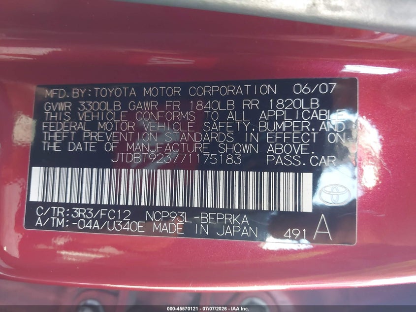 2007 Toyota Yaris VIN JTDBT923771175183 IAAI salvage auction — FRONT END, Salvage (California), sold $1,250 on 2026-07-30 (photo 9)