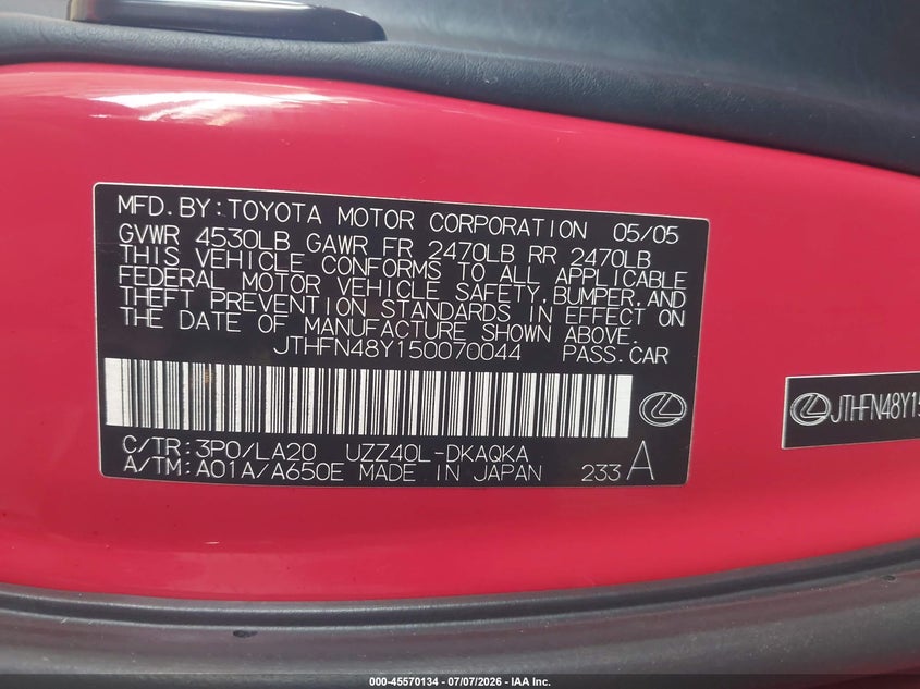 2005 Lexus Sc 430 VIN JTHFN48Y150070044 IAAI salvage auction — NORMAL WEAR, Clear (Arizona), sold $2,150 on 2026-07-28 (photo 9)