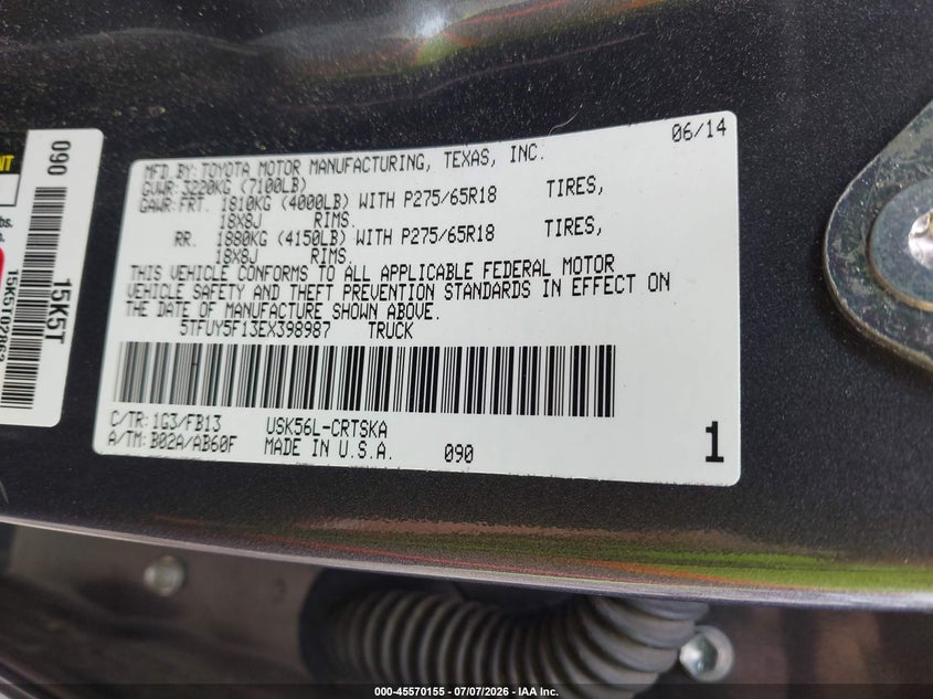 2014 Toyota Tundra VIN 5TFUY5F13EX398987 IAAI salvage auction — NORMAL WEAR, Clear (Virginia), sold $7,600 on 2026-07-17 (photo 9)