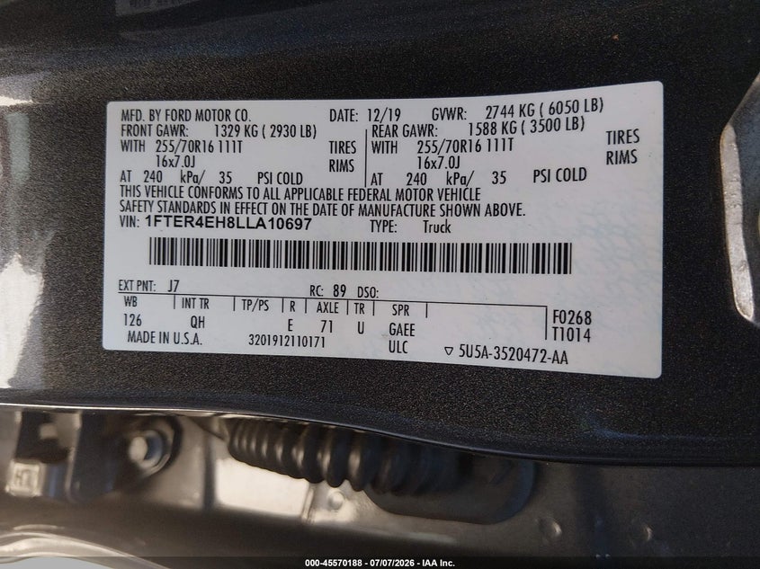2020 Ford Ranger VIN 1FTER4EH8LLA10697 IAAI salvage auction — FRONT END, Salvage (California), sold $10,250 on 2026-07-29 (photo 9)