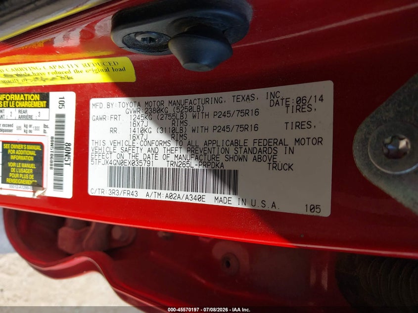 2014 Toyota Tacoma VIN 5TFJX4GN0EX035791 IAAI salvage auction — UNDERCARRIAGE, Salvage (Texas), sold $4,200 on 2026-08-01 (photo 9)