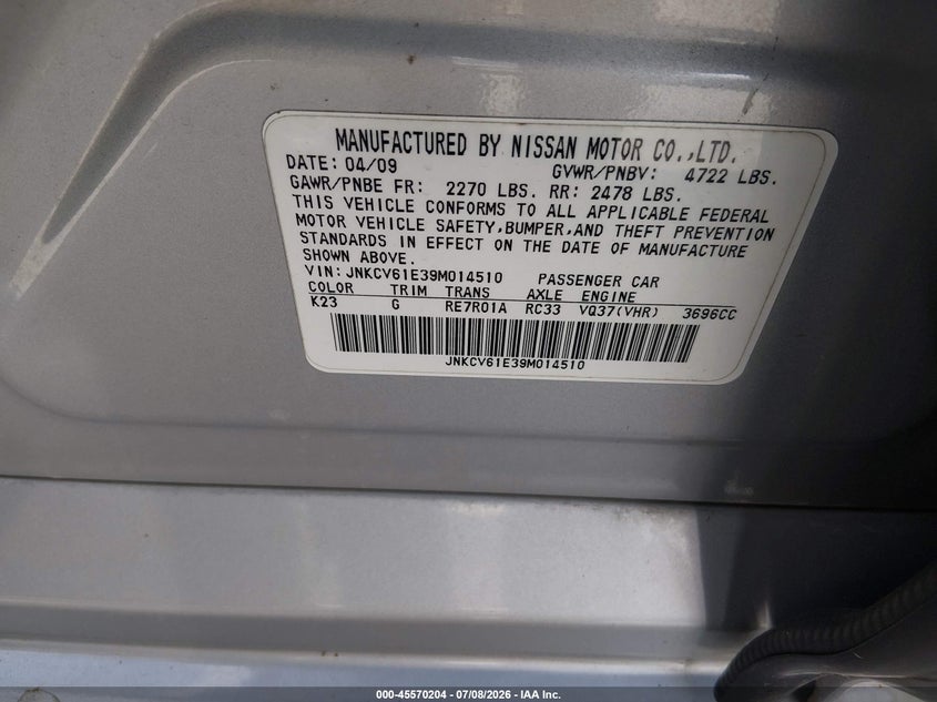 2009 Infiniti G37 VIN JNKCV61E39M014510 IAAI salvage auction — NORMAL WEAR, Salvage (Texas), sold $825 on 2026-07-20 (photo 9)