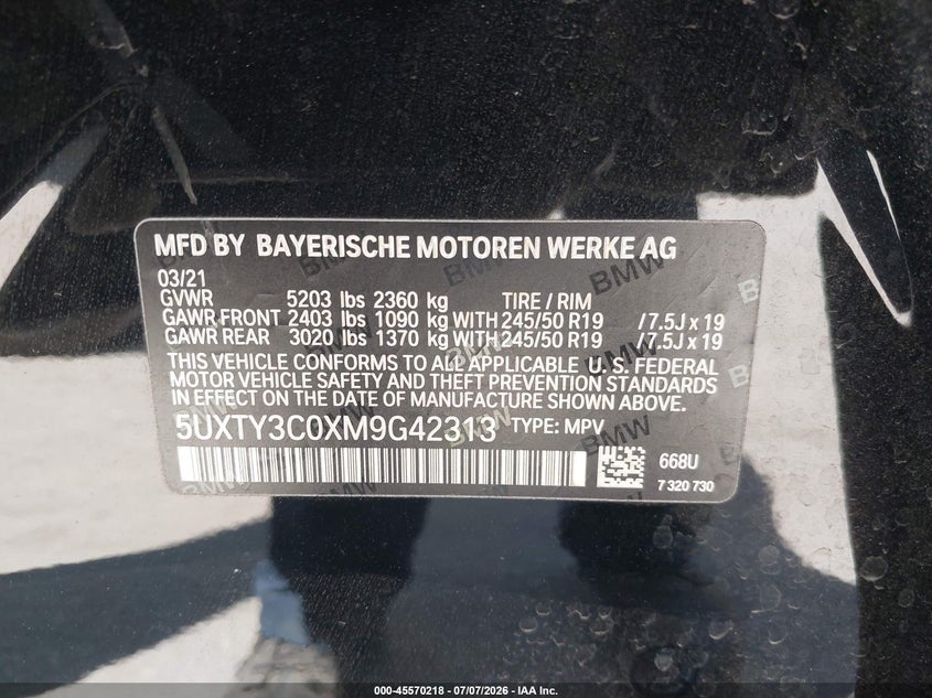 2021 BMW X3 VIN 5UXTY3C0XM9G42313 IAAI salvage auction — REAR END, Salvage Title, sold $25 on 2026-07-29 (photo 9)