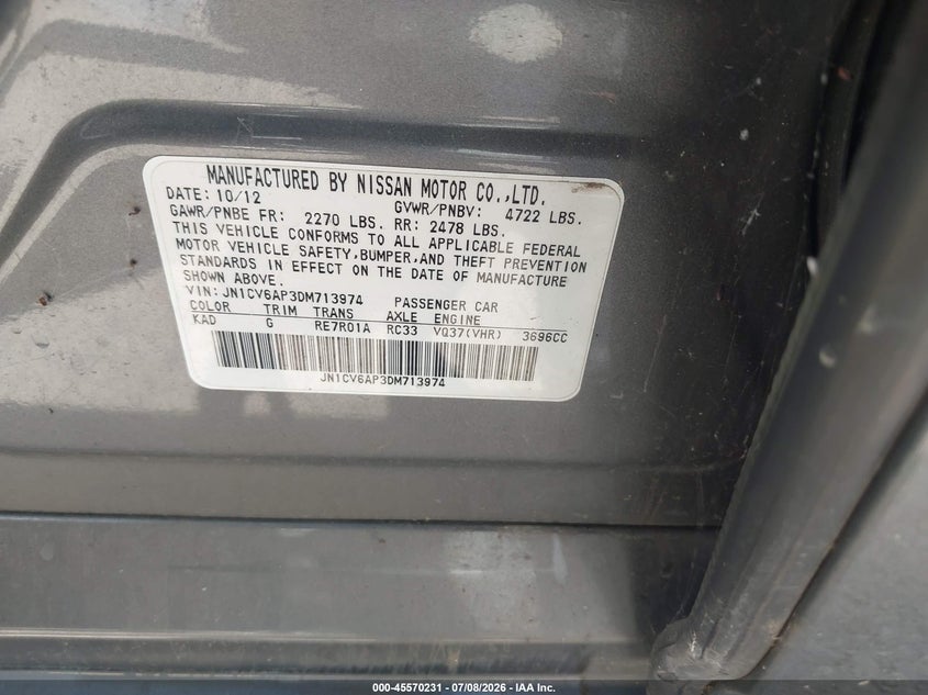 2013 Infiniti G VIN JN1CV6AP3DM713974 IAAI salvage auction — REPOSSESSION, Original (Texas), sold $275 on 2026-07-20 (photo 9)