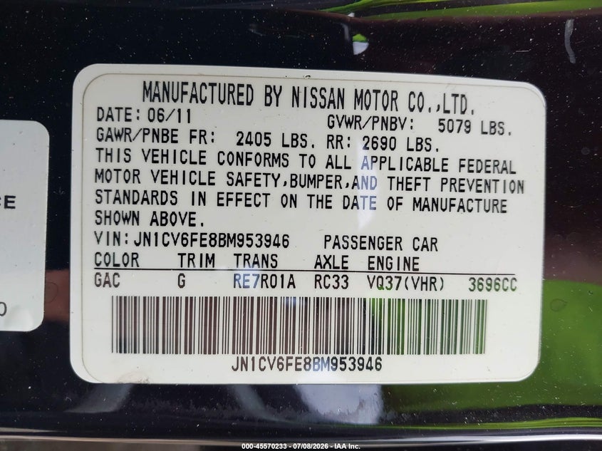 2011 Infiniti G37 VIN JN1CV6FE8BM953946 IAAI salvage auction — REAR END, Salvage (Ohio), sold $2,050 on 2026-07-25 (photo 9)