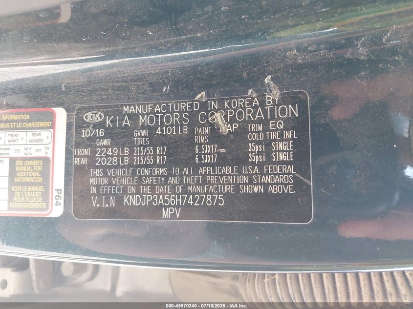 2017 Kia Soul VIN KNDJP3A56H7427875 IAAI salvage auction — NORMAL WEAR, Original (Texas), sold $2,100 on 2026-08-01 (photo 9)