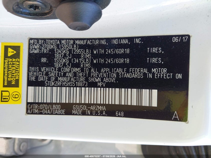 2017 Toyota Highlander VIN 5TDKZRFH5HS518873 IAAI salvage auction — REAR END, Salvage (California), sold $10,600 on 2026-07-29 (photo 9)
