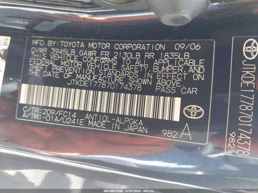 2007 Scion Tc VIN JTKDE177870174378 IAAI salvage auction — NORMAL WEAR, Clear - Dealer Only (California), sold $400 on 2026-07-11 (photo 9)