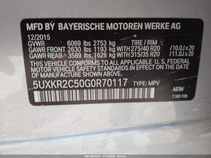 2016 BMW X5 VIN 5UXKR2C50G0R70117 IAAI salvage auction — SUSPENSION, Salvage (California), sold $6,100 on 2026-07-22 (photo 9)