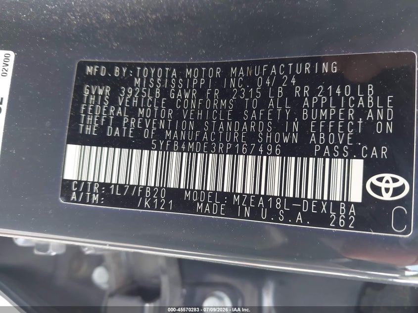 2024 Toyota Corolla VIN 5YFB4MDE3RP167496 IAAI salvage auction — RIGHT FRONT, Salvage Title, sold $13,300 on 2026-07-15 (photo 9)