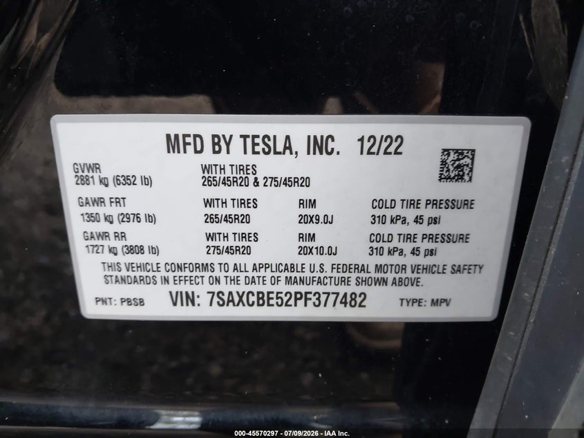 2023 Tesla Model x VIN 7SAXCBE52PF377482 IAAI salvage auction — FRONT END, Salvage (Virginia), sold $15,250 on 2026-08-20 (photo 9)