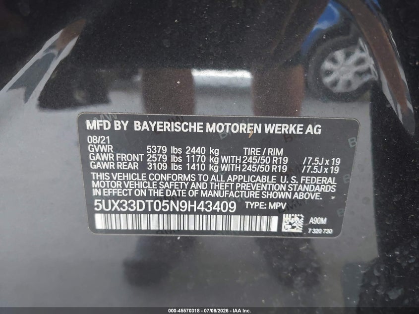 2022 BMW X4 VIN 5UX33DT05N9H43409 IAAI salvage auction — LEFT SIDE, Rebuildable (Florida), sold $25 on 2026-07-29 (photo 9)