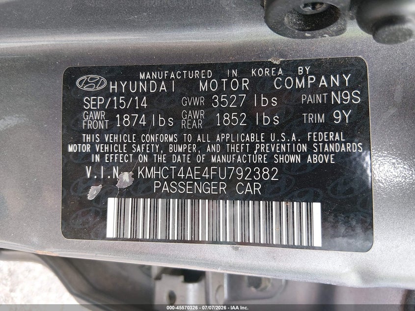2015 Hyundai Accent VIN KMHCT4AE4FU792382 IAAI salvage auction — NORMAL WEAR, Clear (Maryland), sold $750 on 2026-07-29 (photo 9)