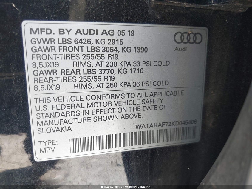 2019 Audi Q7 VIN WA1AHAF72KD045406 IAAI salvage auction — REAR END, Salvage Title, sold $11,100 on 2026-08-21 (photo 9)
