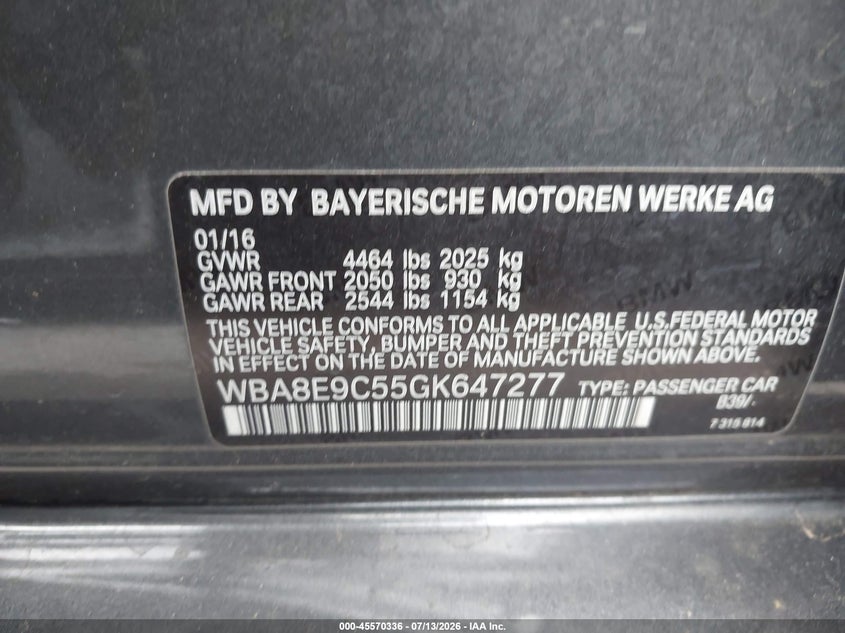 2016 BMW 3er VIN WBA8E9C55GK647277 IAAI salvage auction — LEFT SIDE, Salvage (North Carolina), sold $2,400 on 2026-07-29 (photo 9)
