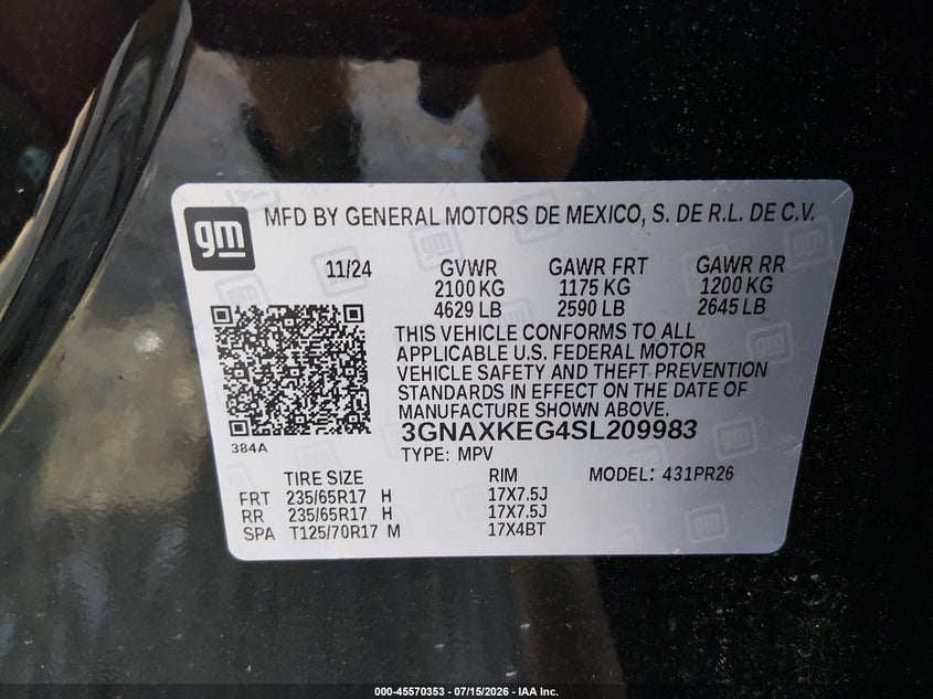 2025 Chevrolet Equinox VIN 3GNAXKEG4SL209983 IAAI salvage auction — ENGINE DAMAGE, Salvage Title, sold $10,500 on 2026-08-22 (photo 9)