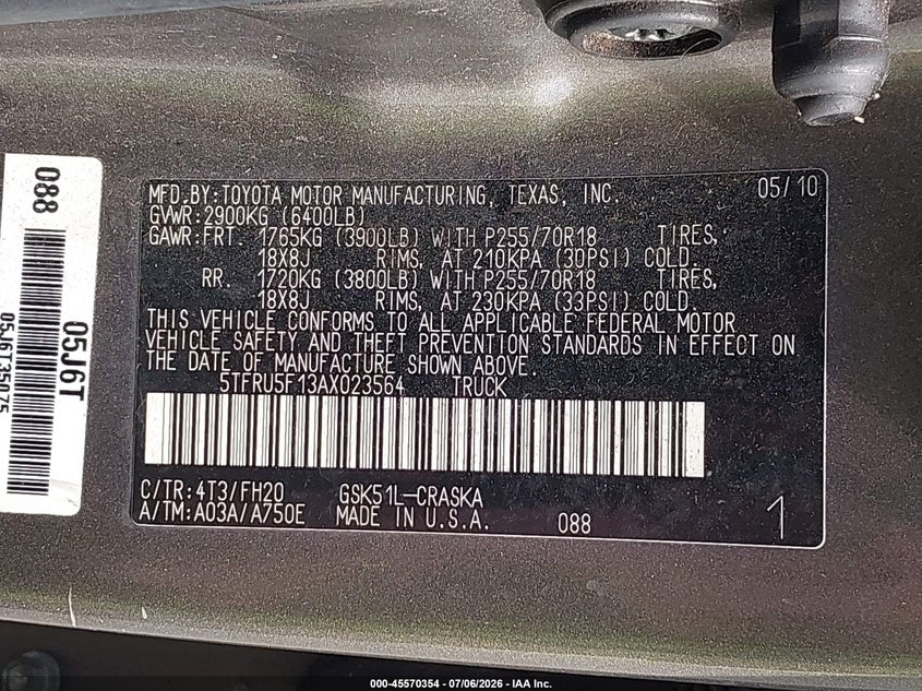 2010 Toyota Tundra VIN 5TFRU5F13AX023564 IAAI salvage auction — NORMAL WEAR, Clear (Florida), sold $3,325 on 2026-07-29 (photo 9)