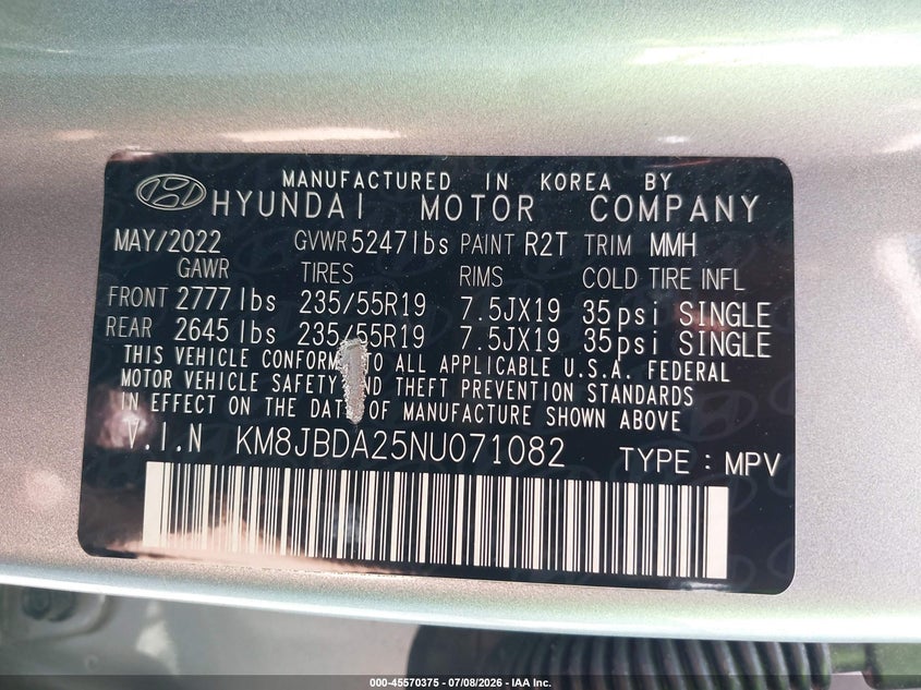 2022 Hyundai Tucson VIN KM8JBDA25NU071082 IAAI salvage auction — RIGHT SIDE, Salvage Certificate (California), sold $7,800 on 2026-07-26 (photo 9)
