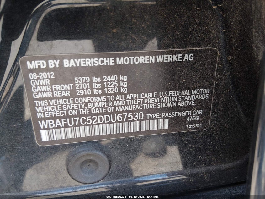 2013 BMW VIN WBAFU7C52DDU67530 IAAI salvage auction — FRONT END, Salvage (California), sold $25 on 2026-07-29 (photo 9)