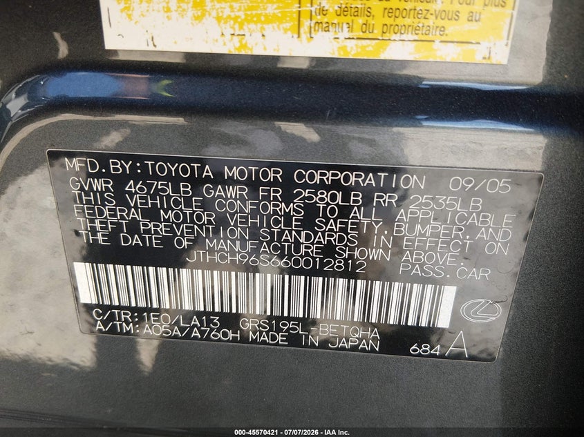 2006 Lexus Gs 300 VIN JTHCH96S660012812 IAAI salvage auction — NORMAL WEAR, Clear (Washington), sold $1,075 on 2026-07-15 (photo 9)