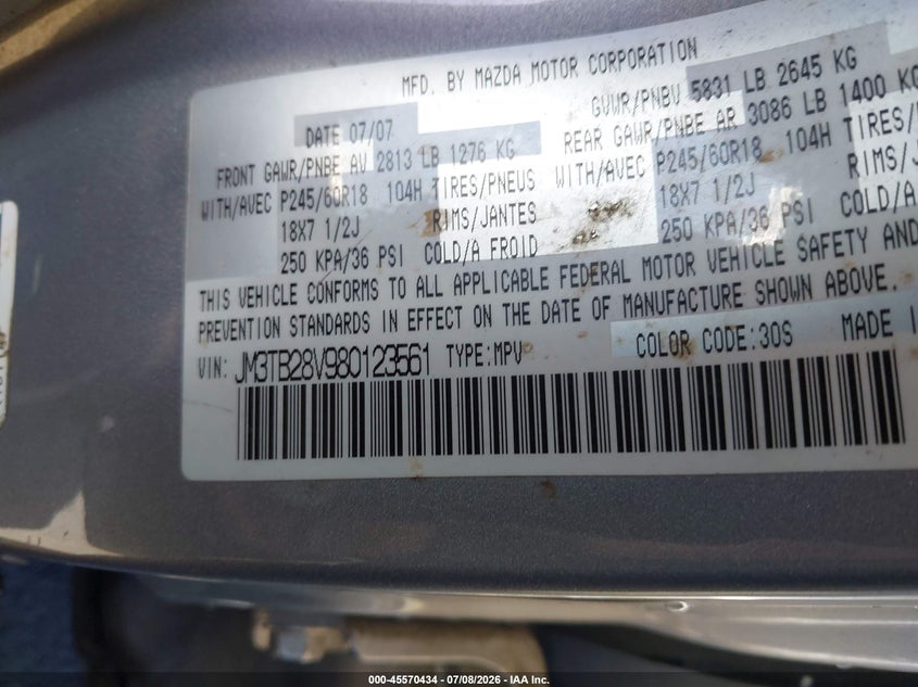 2008 Mazda Cx-9 VIN JM3TB28V980123561 IAAI salvage auction — SIDE, Salvage (California), sold $25 on 2026-07-22 (photo 9)