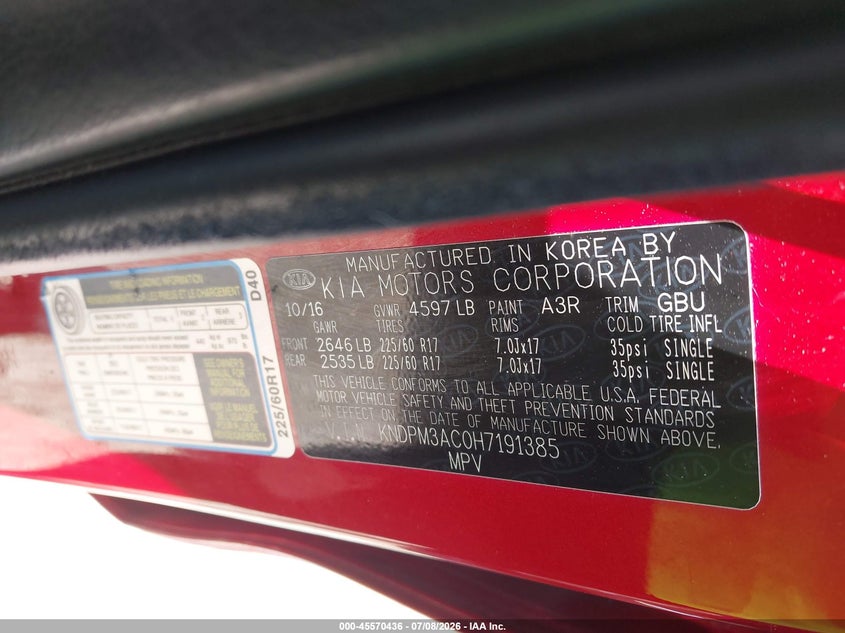 2017 Kia Sportage VIN KNDPM3AC0H7191385 IAAI salvage auction — THEFT, Rebuildable (Florida), sold $25 on 2026-07-28 (photo 9)