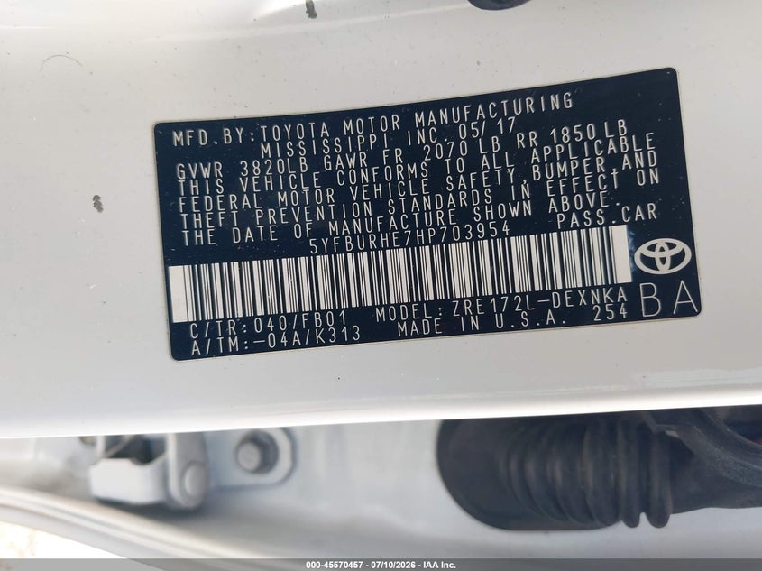 2017 Toyota Corolla VIN 5YFBURHE7HP703954 IAAI salvage auction — FRONT END, Salvage (Pennsylvania), sold $2,500 on 2026-07-24 (photo 9)