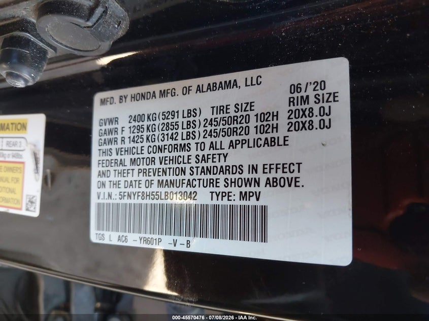 2020 Honda Passport VIN 5FNYF8H55LB013042 IAAI salvage auction — NORMAL WEAR, Clear (Arizona), sold $8,800 on 2026-07-28 (photo 8)
