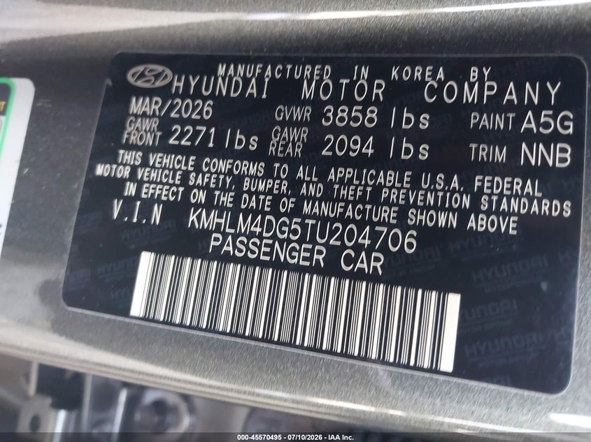 2026 Hyundai Elantra VIN KMHLM4DG5TU204706 IAAI salvage auction — REAR END, Enterprise Vehicles Clear Only (Georgia), sold $14,750 on 2026-07-15 (photo 9)