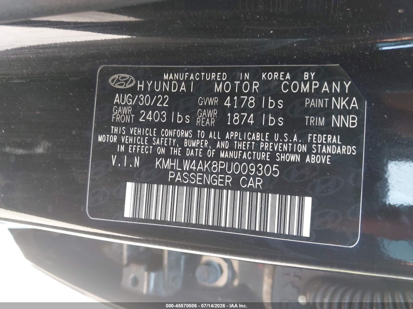 2023 Hyundai Elantra n VIN KMHLW4AK8PU009305 IAAI salvage auction — RIGHT FRONT, Salvage (Pennsylvania), sold $3,550 on 2026-07-28 (photo 9)