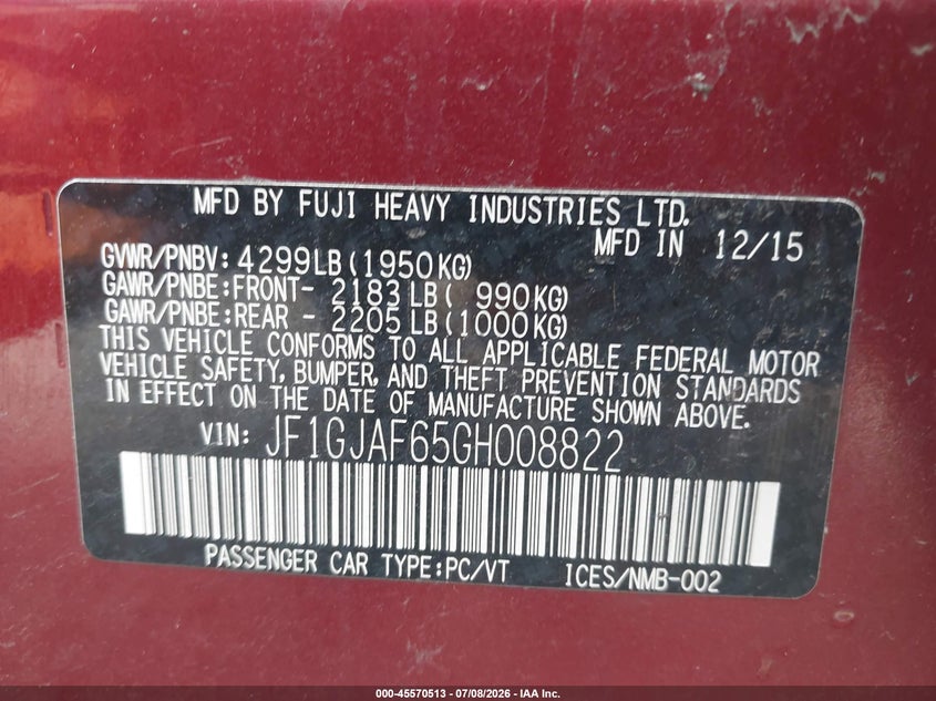 2016 Subaru Impreza VIN JF1GJAF65GH008822 IAAI salvage auction — FRONT END, Salvage (Pennsylvania), sold $400 on 2026-07-31 (photo 9)