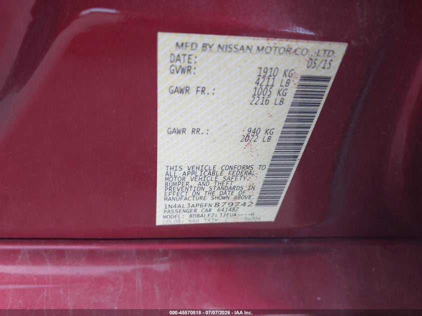 2015 Nissan Altima VIN 1N4AL3AP6FN879742 IAAI salvage auction — RIGHT SIDE, Salvage Title, sold $1,525 on 2026-08-03 (photo 9)