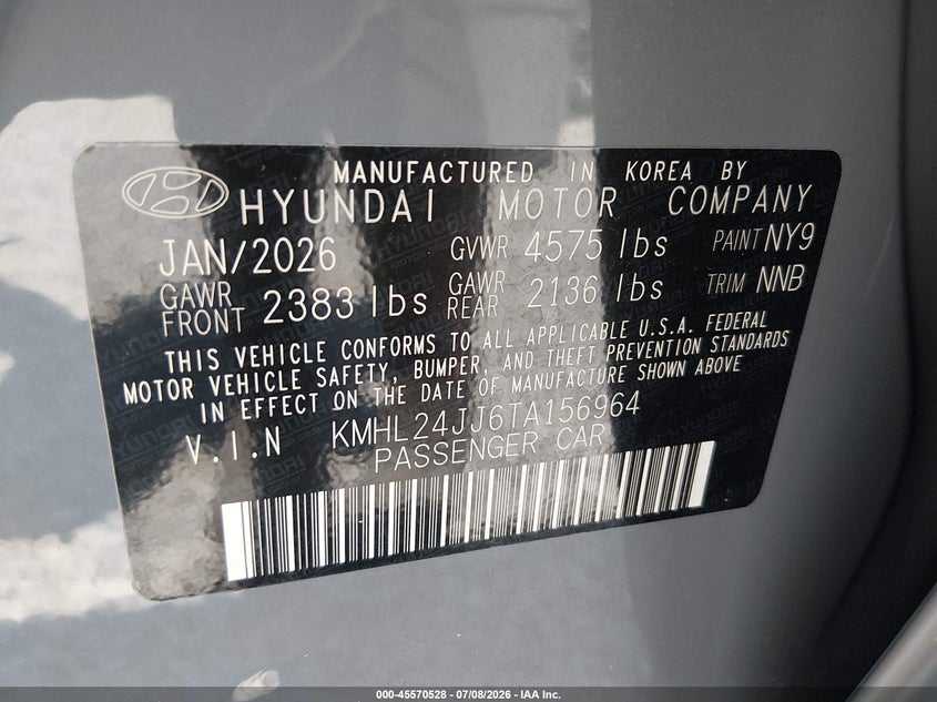 2026 Hyundai Sonata VIN KMHL24JJ6TA156964 IAAI salvage auction — FRONT END, Certificate Of Destruction (Florida), sold $6,025 on 2026-07-15 (photo 9)
