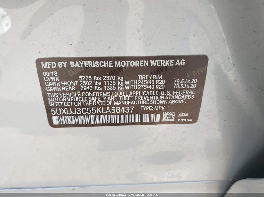 2019 BMW X4 VIN 5UXUJ3C55KLA58437 IAAI salvage auction — FRONT END, Wait Title, sold $7,975 on 2026-08-19 (photo 9)