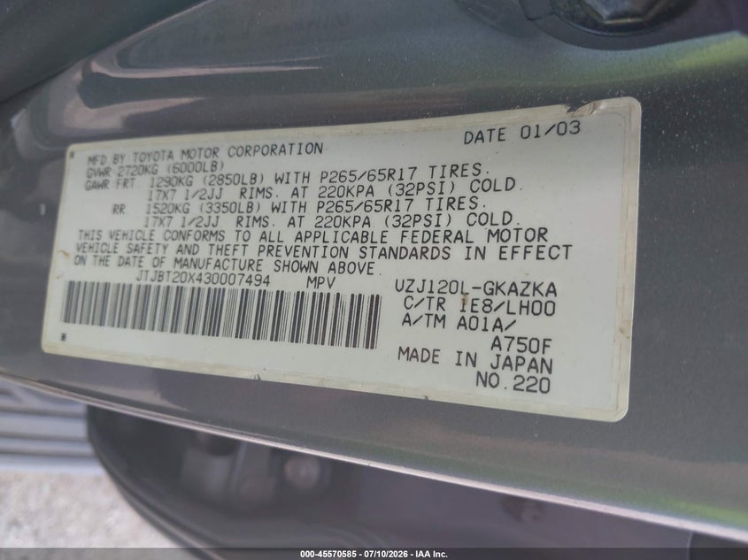 2003 Lexus Gx 470 VIN JTJBT20X430007494 IAAI salvage auction — NORMAL WEAR, Clear - Public Restricted (Oklahoma), sold $25 on 2026-07-21 (photo 9)