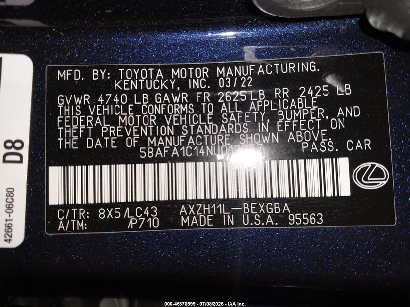 2022 Lexus ES VIN 58AFA1C14NU019057 IAAI salvage auction — FRONT END, Salvage (Tennessee), sold $7,600 on 2026-08-26 (photo 9)