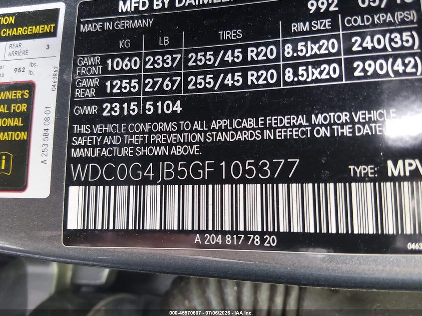 2016 Mercedes-benz Glc VIN WDC0G4JB5GF105377 IAAI salvage auction — ALL OVER, Salvage Title, sold $25 on 2026-07-22 (photo 9)