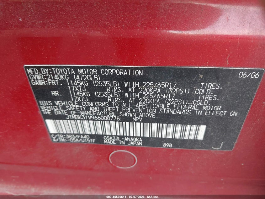 2006 Toyota Rav4 VIN JTMBK31V966008778 IAAI salvage auction — NORMAL WEAR, Clear (Virginia), sold $550 on 2026-07-31 (photo 9)