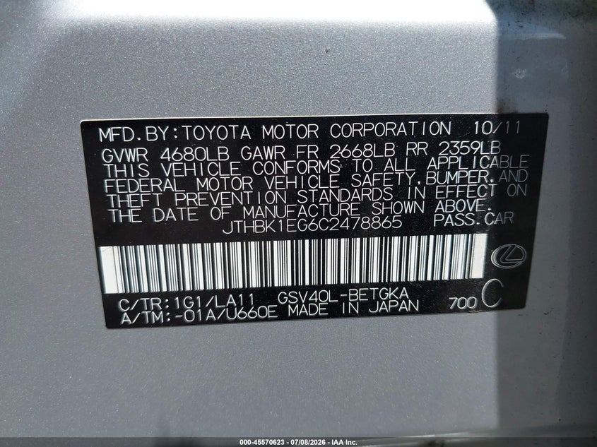 2012 Lexus ES VIN JTHBK1EG6C2478865 IAAI salvage auction — FRONT END, Salvage (Idaho), sold $50 on 2026-07-29 (photo 9)