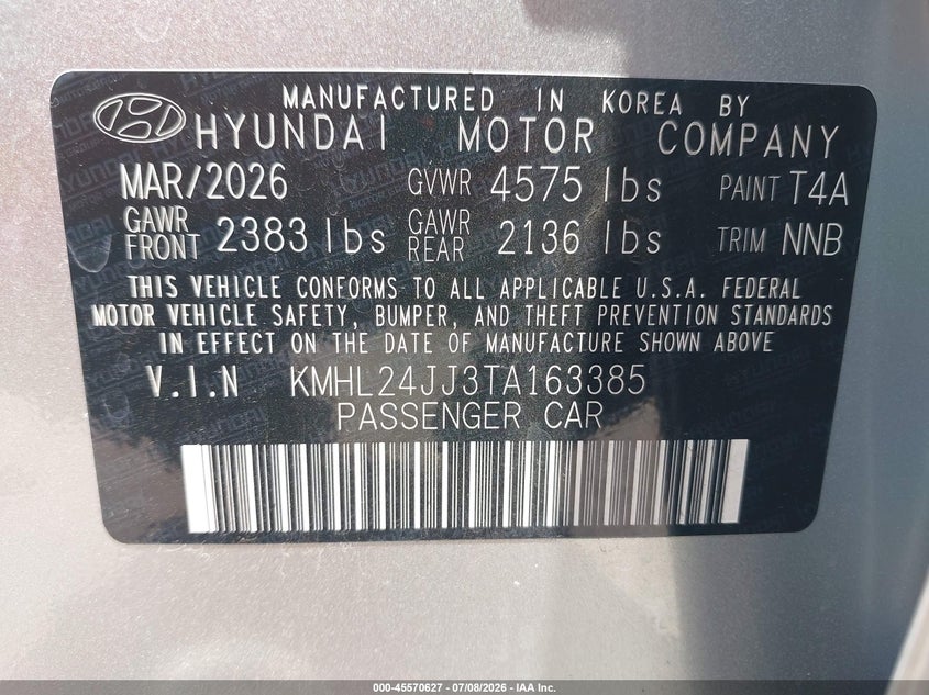 2026 Hyundai Sonata VIN KMHL24JJ3TA163385 IAAI salvage auction — FRONT END, Salvage Title, sold $16,200 on 2026-07-15 (photo 9)