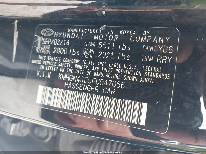2015 Hyundai Genesis VIN KMHGN4JE9FU047056 IAAI salvage auction — NORMAL WEAR, Clear (Illinois), sold $2,600 on 2026-07-13 (photo 9)
