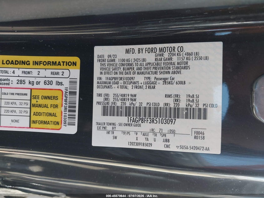 2024 Ford Mustang VIN 1FAGP8FF3R5103097 IAAI salvage auction — SIDE, Salvage (California), sold $20,700 on 2026-07-30 (photo 9)