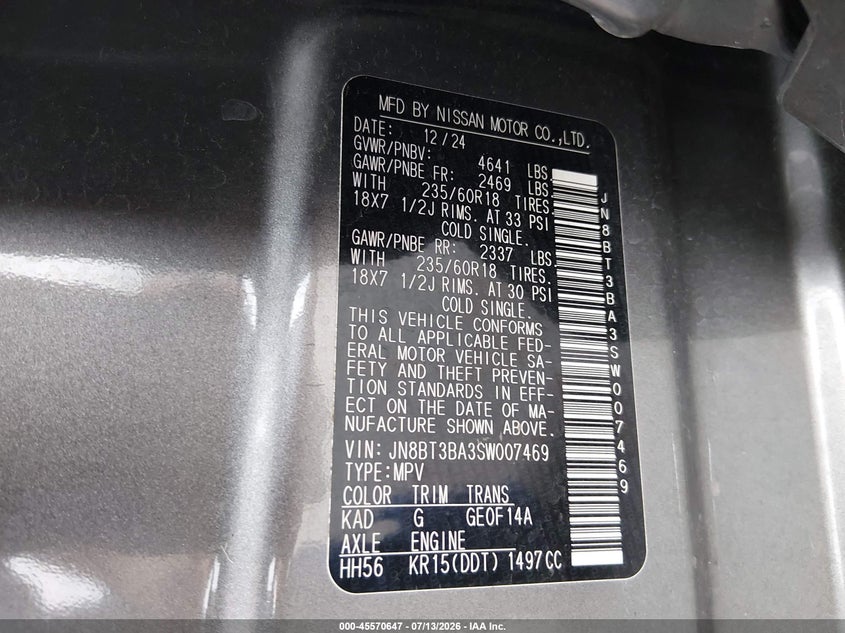 2025 Nissan Rogue VIN JN8BT3BA3SW007469 IAAI salvage auction — NORMAL WEAR, Enterprise Vehicles Clear Only (Florida), sold $14,425 on 2026-07-15 (photo 9)