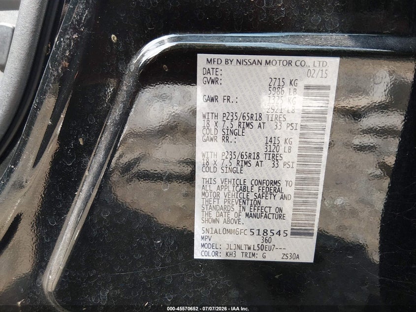 2015 Infiniti Qx60 VIN 5N1AL0MM6FC518545 IAAI salvage auction — FRONT END, Salvage Title, sold $775 on 2026-07-23 (photo 9)