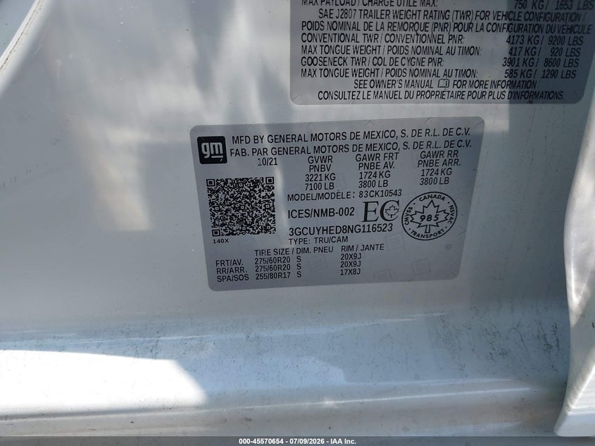 2022 Chevrolet Silverado 1500 VIN 3GCUYHED8NG116523 IAAI salvage auction — NORMAL WEAR, Repossession Paperwork (Georgia), sold $9,000 on 2026-07-29 (photo 9)