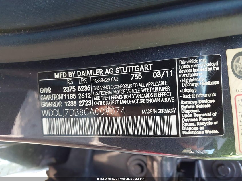2012 Mercedes-benz Cls-klasse VIN WDDLJ7DB8CA008074 IAAI salvage auction — NORMAL WEAR, Clear (Virginia), sold $1,600 on 2026-07-14 (photo 9)