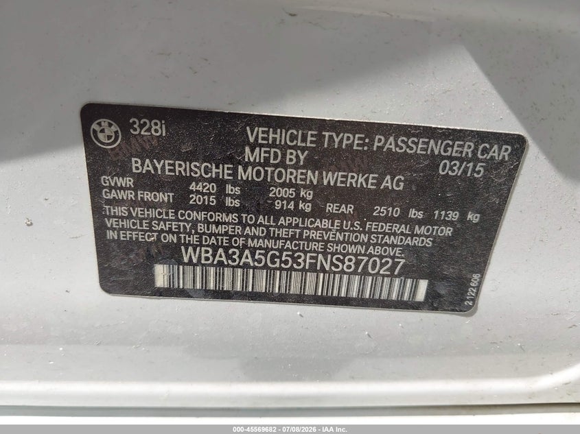 2015 BMW 3er VIN WBA3A5G53FNS87027 IAAI salvage auction — SIDE, Salvage Title, sold $2,500 on 2026-08-02 (photo 9)